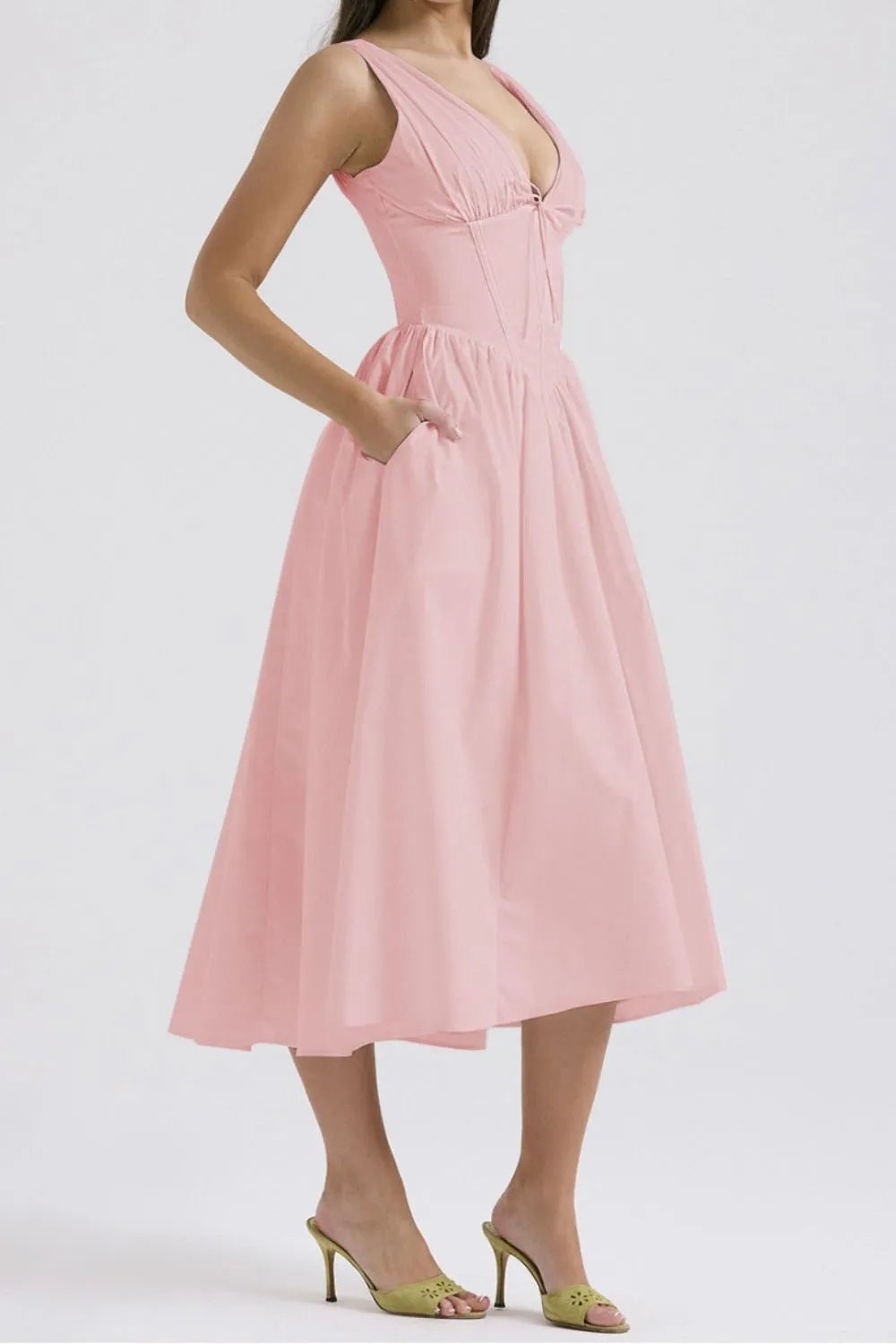 Ruched V - Neck Sleeveless Dress with Pockets - Flip Flop Dynasty