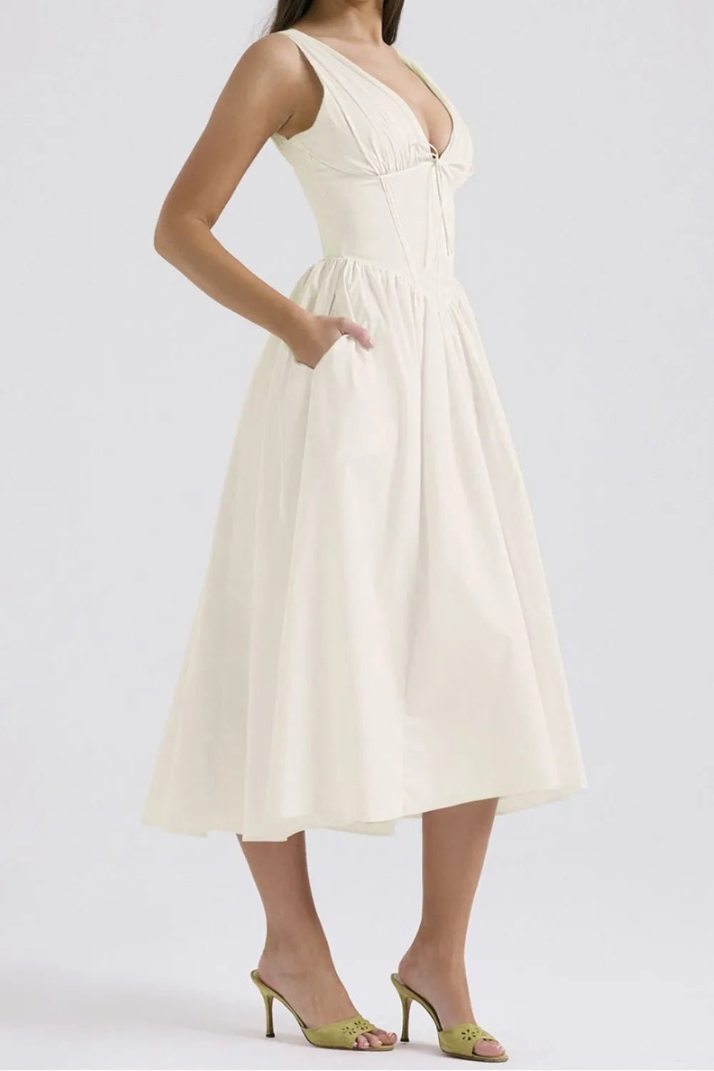 Ruched V - Neck Sleeveless Dress with Pockets - Flip Flop Dynasty