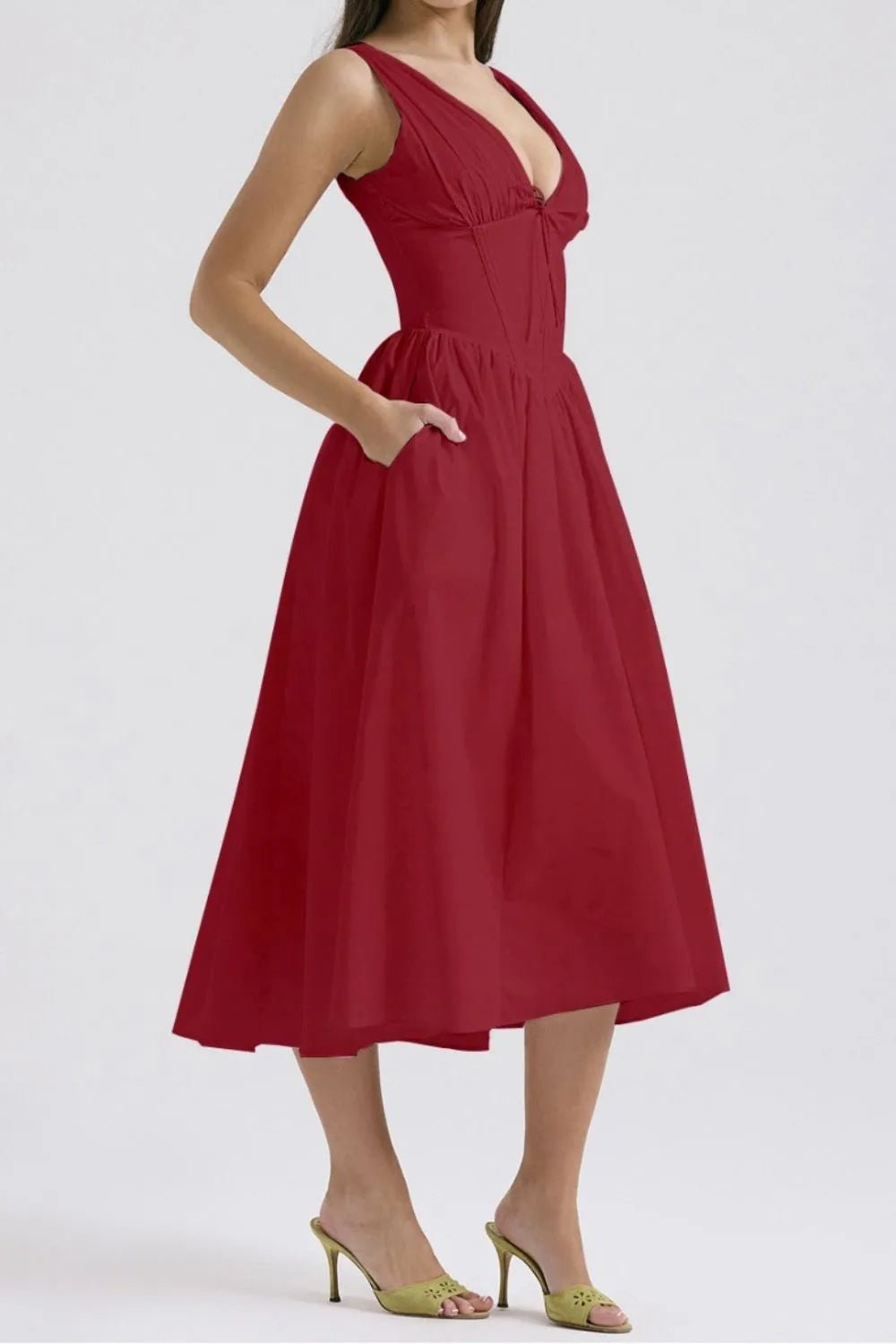 Ruched V - Neck Sleeveless Dress with Pockets - Flip Flop Dynasty