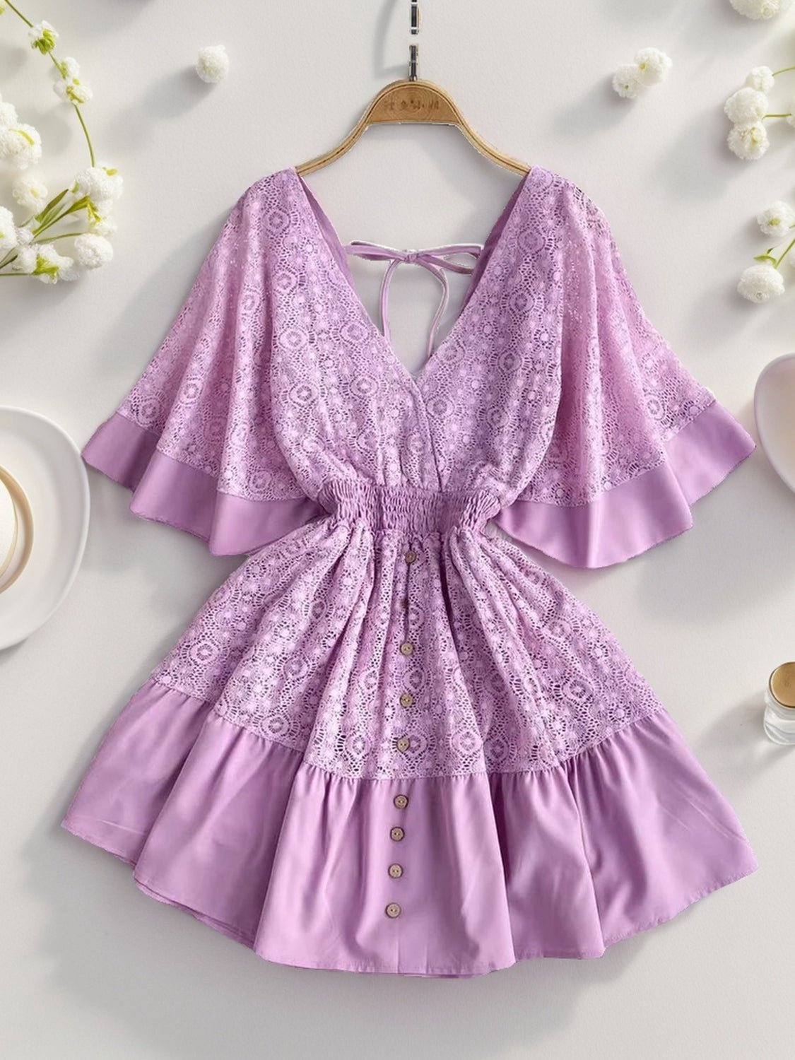 Ruffle Hem Tie Back Lace Mini Dress - Flip Flop Dynasty