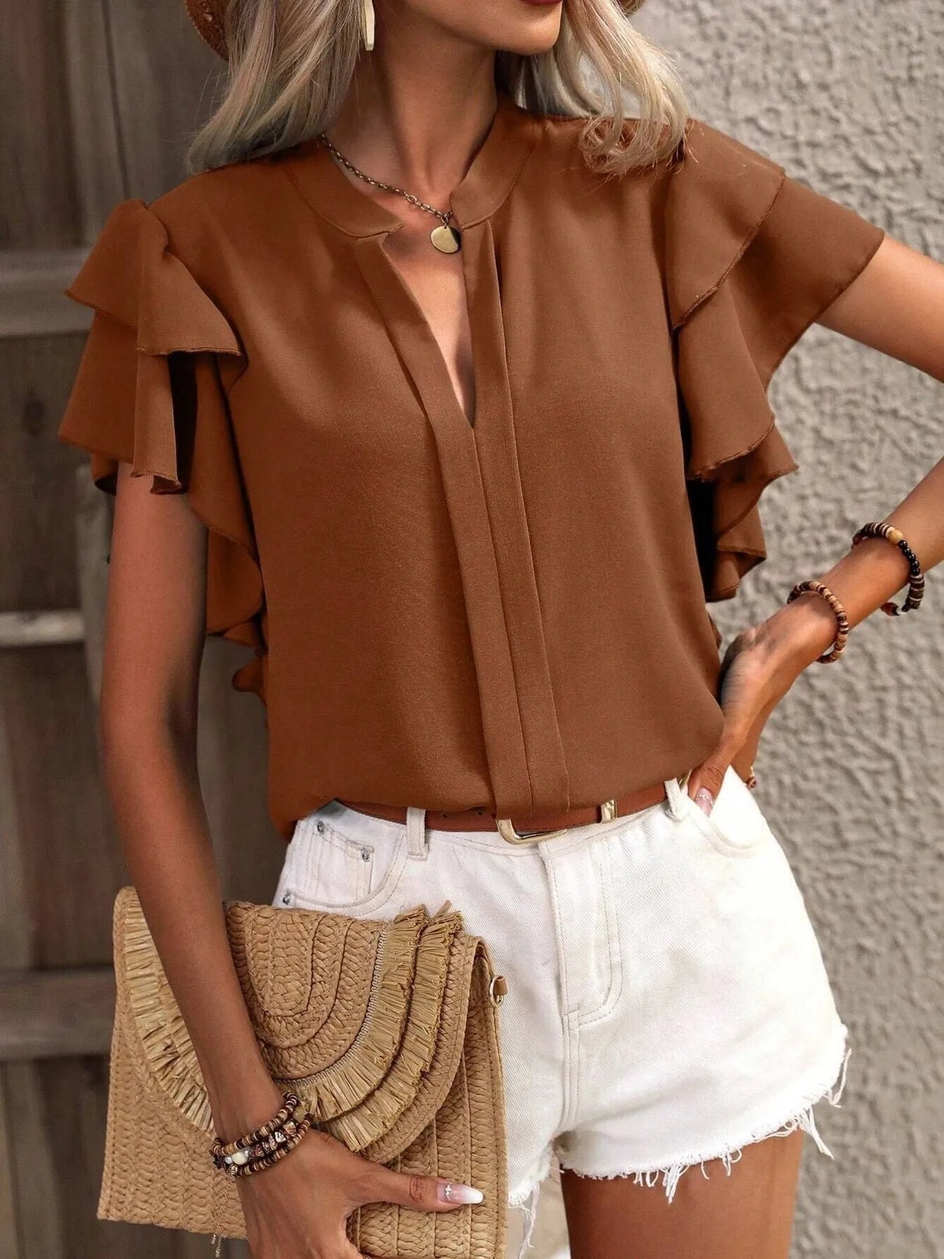 Ruffle Sleeve Notched Blouse - Flip Flop Dynasty