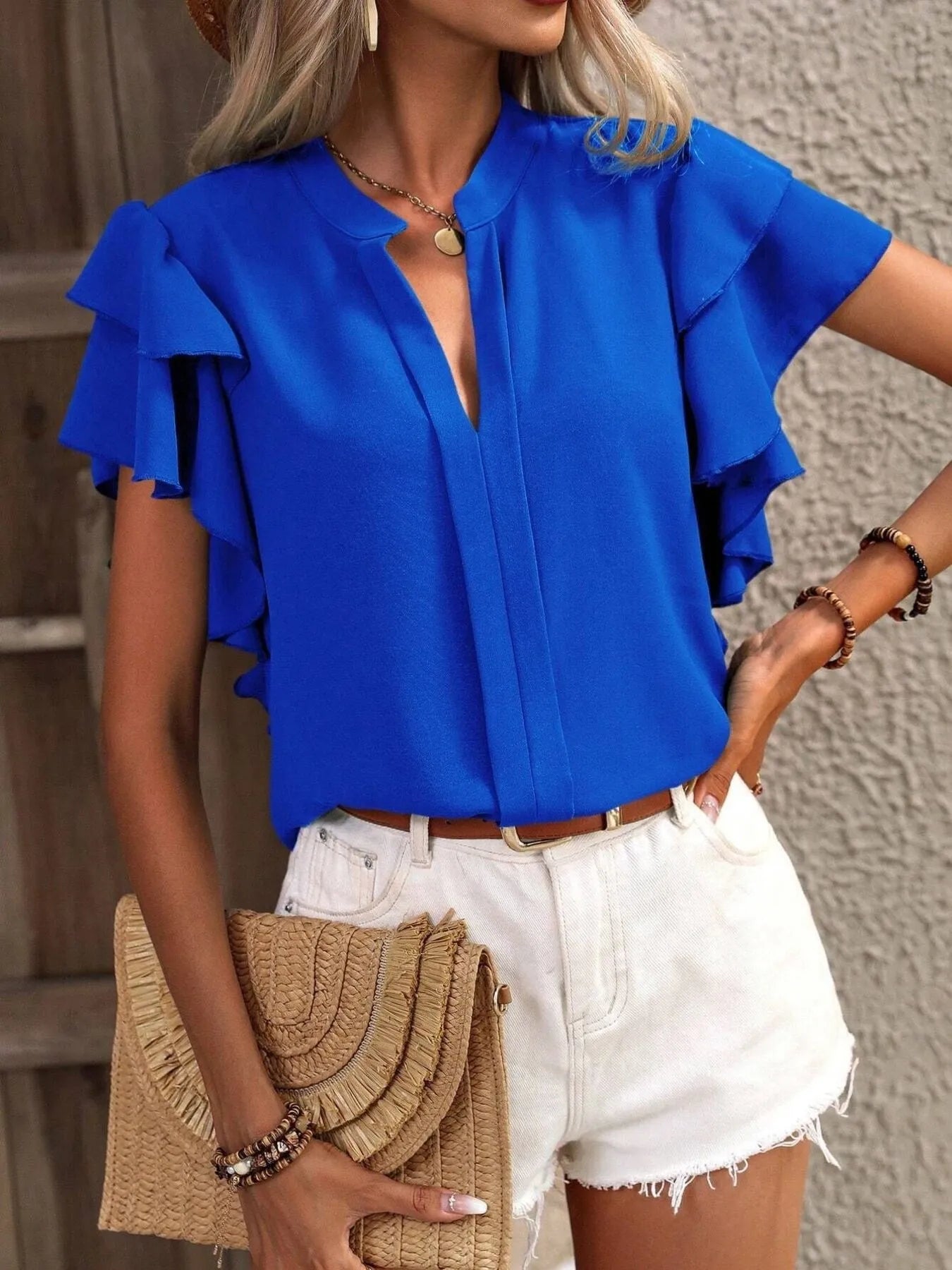 Ruffle Sleeve Notched Blouse - Flip Flop Dynasty