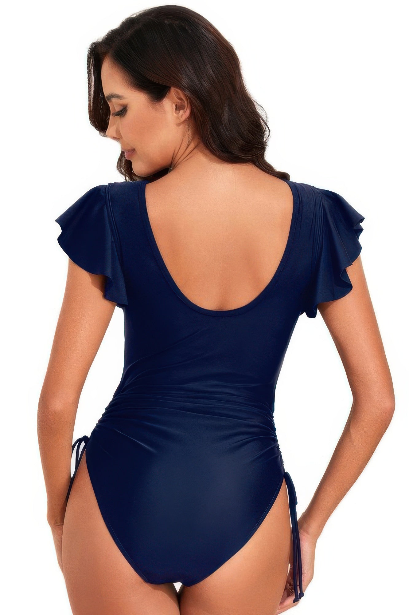 Ruffle Sleeves Lace Color Block Ruched Swimsuit - Flip Flop Dynasty