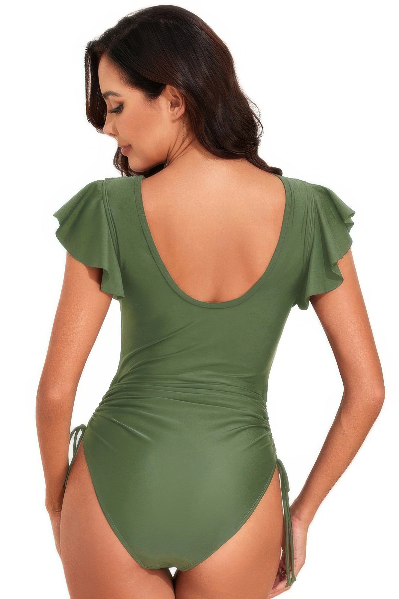 Ruffle Sleeves Lace Color Block Ruched Swimsuit - Flip Flop Dynasty