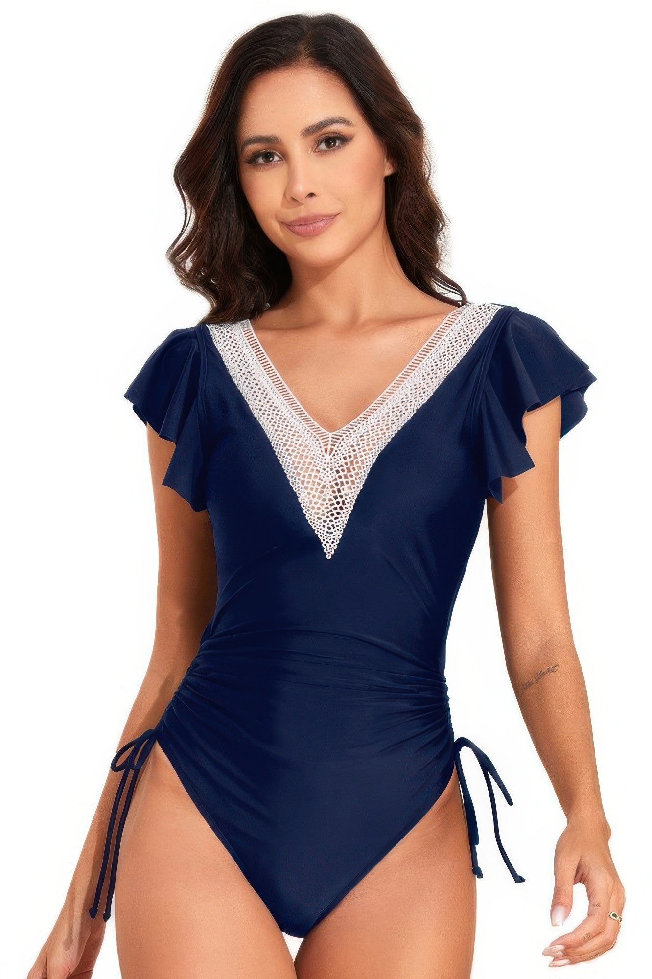 Ruffle Sleeves Lace Color Block Ruched Swimsuit - Flip Flop Dynasty