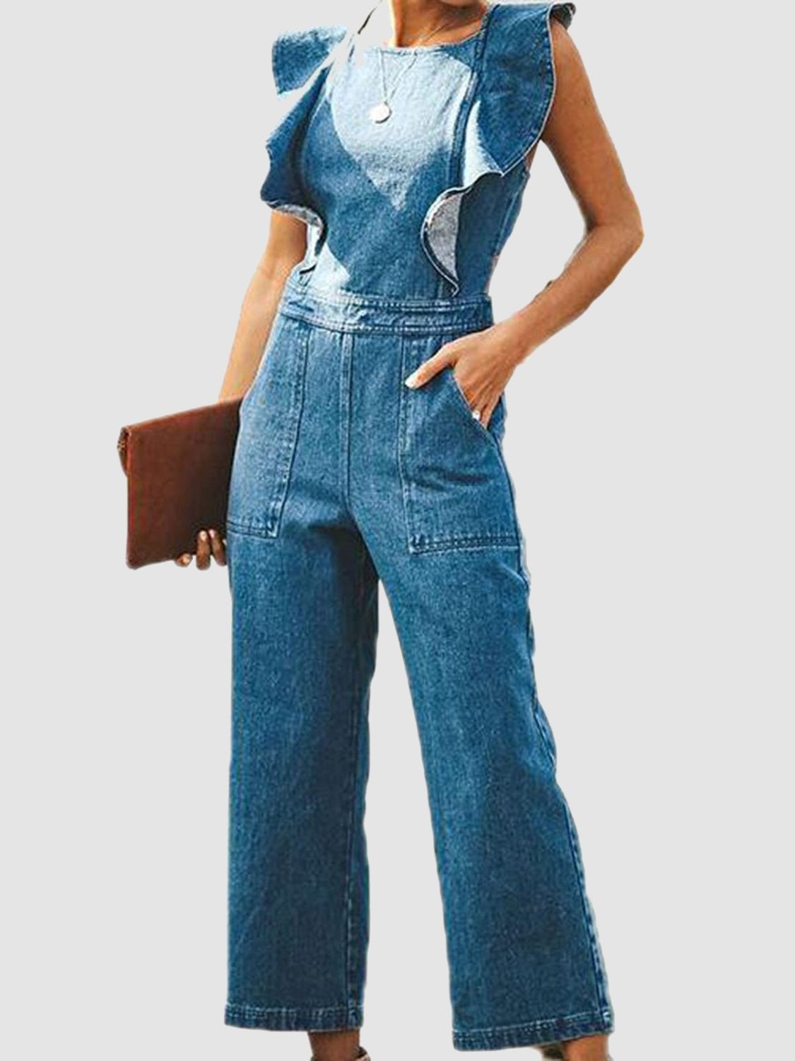 Ruffled Backless Sleeveless Denim Jumpsuit - Flip Flop Dynasty