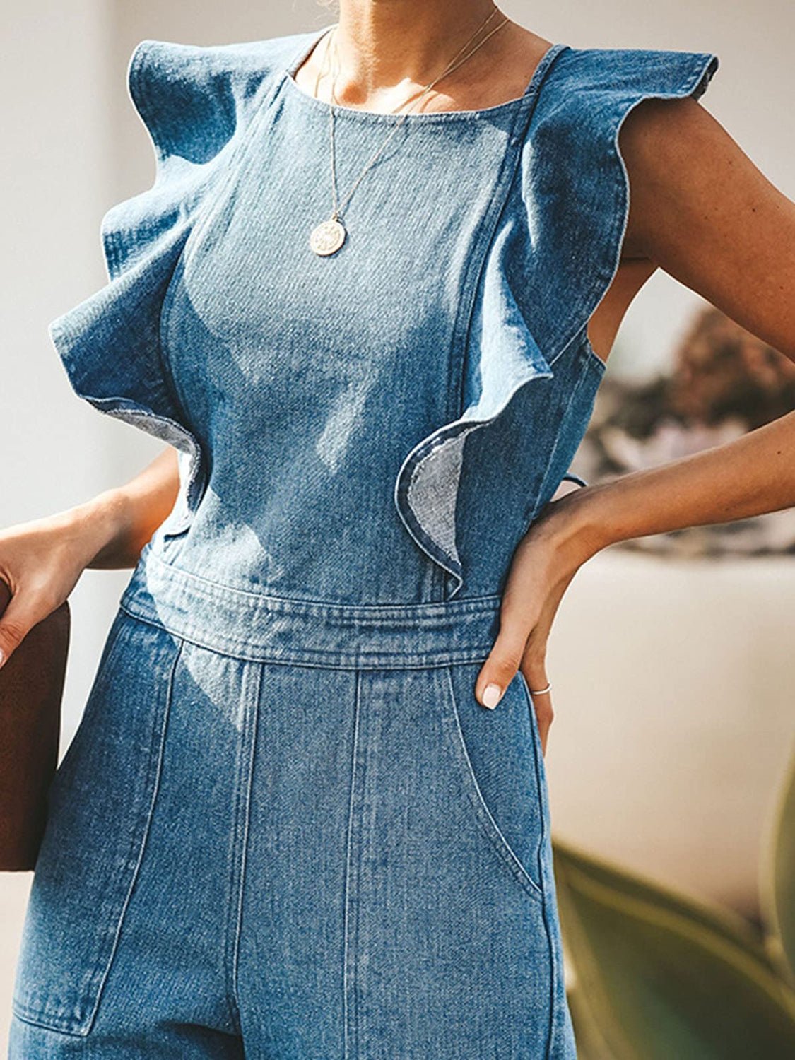 Ruffled Backless Sleeveless Denim Jumpsuit - Flip Flop Dynasty