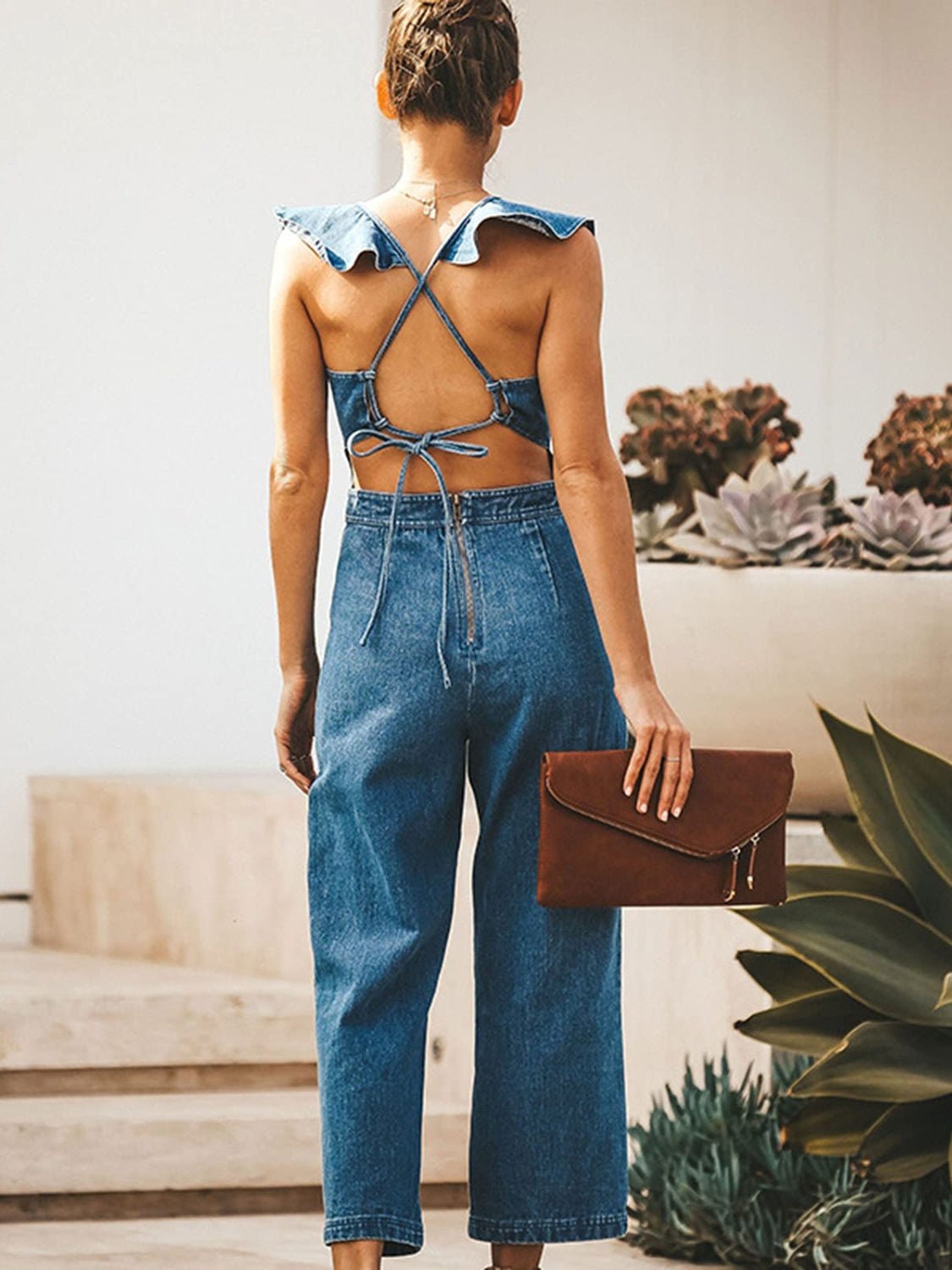 Ruffled Backless Sleeveless Denim Jumpsuit - Flip Flop Dynasty