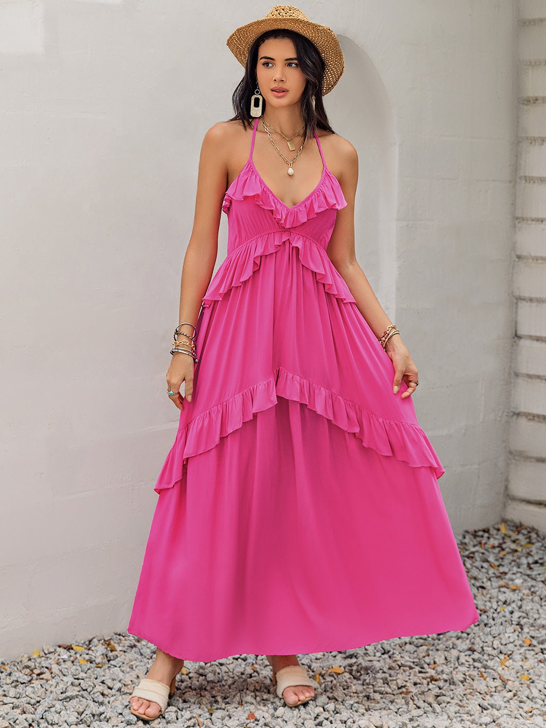 Ruffled Halter Neck Sleeveless Maxi Dress - Flip Flop Dynasty