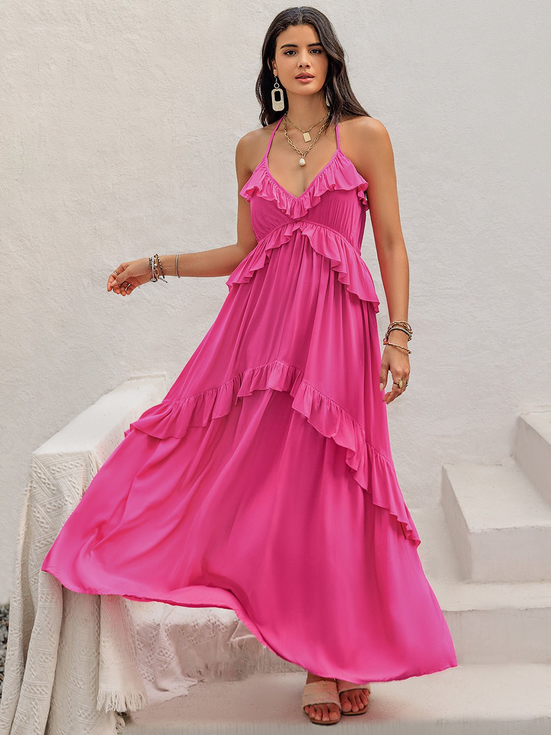 Ruffled Halter Neck Sleeveless Maxi Dress - Flip Flop Dynasty