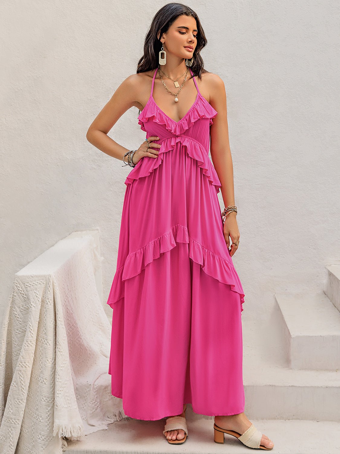 Ruffled Halter Neck Sleeveless Maxi Dress - Flip Flop Dynasty