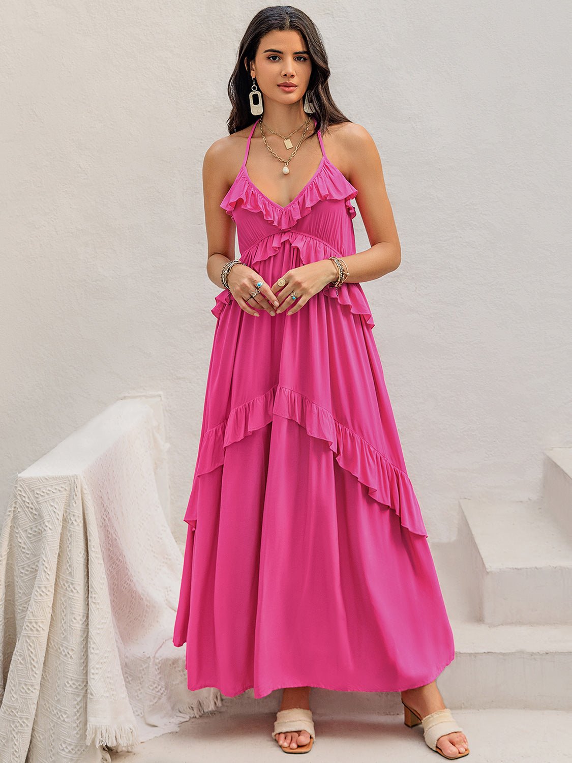 Ruffled Halter Neck Sleeveless Maxi Dress - Flip Flop Dynasty