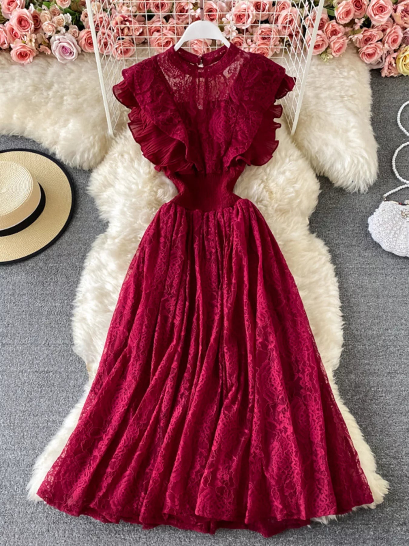 Ruffled Mock Neck Lace Maxi Dress - Flip Flop Dynasty