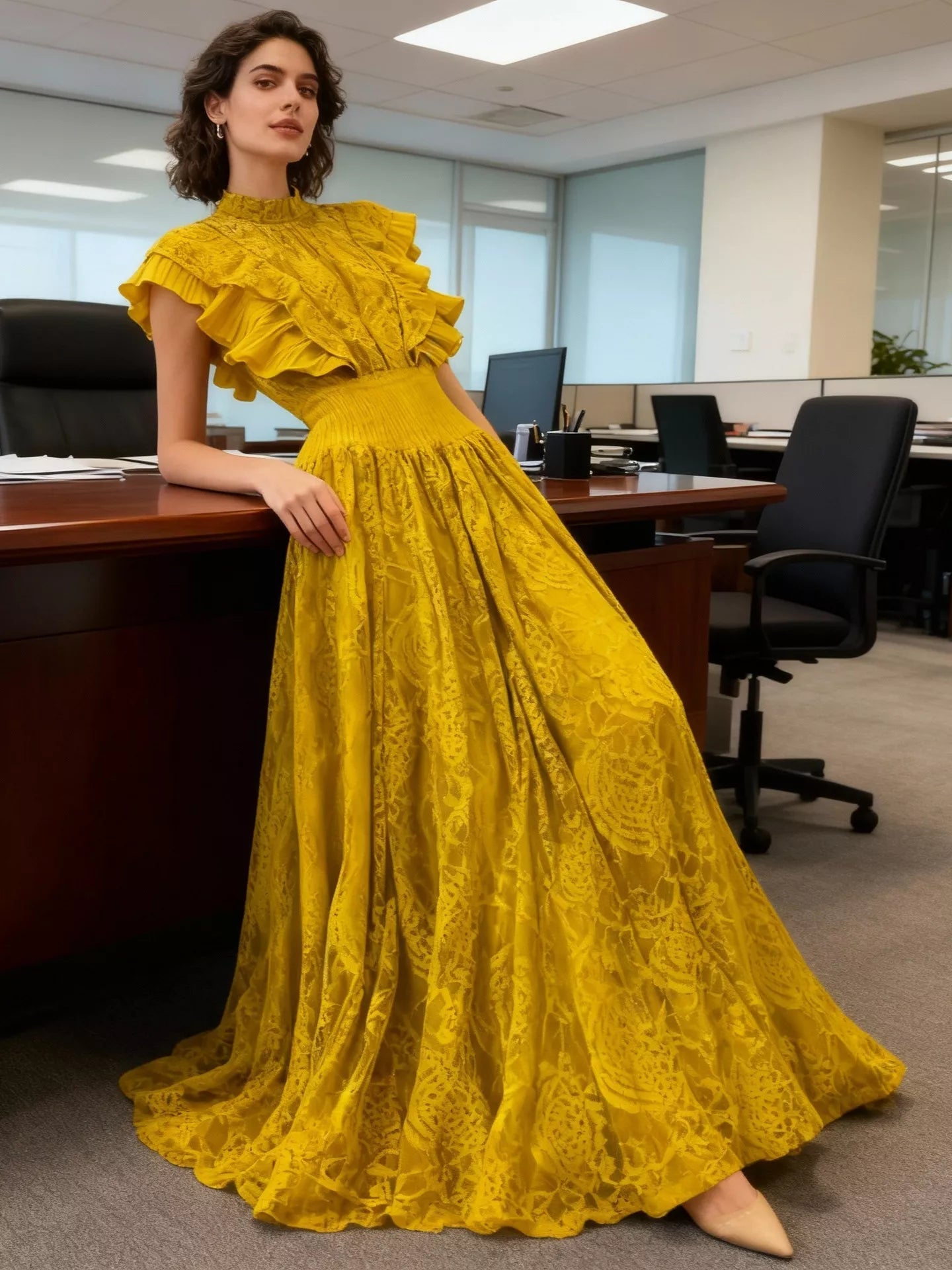 Ruffled Mock Neck Lace Maxi Dress - Flip Flop Dynasty