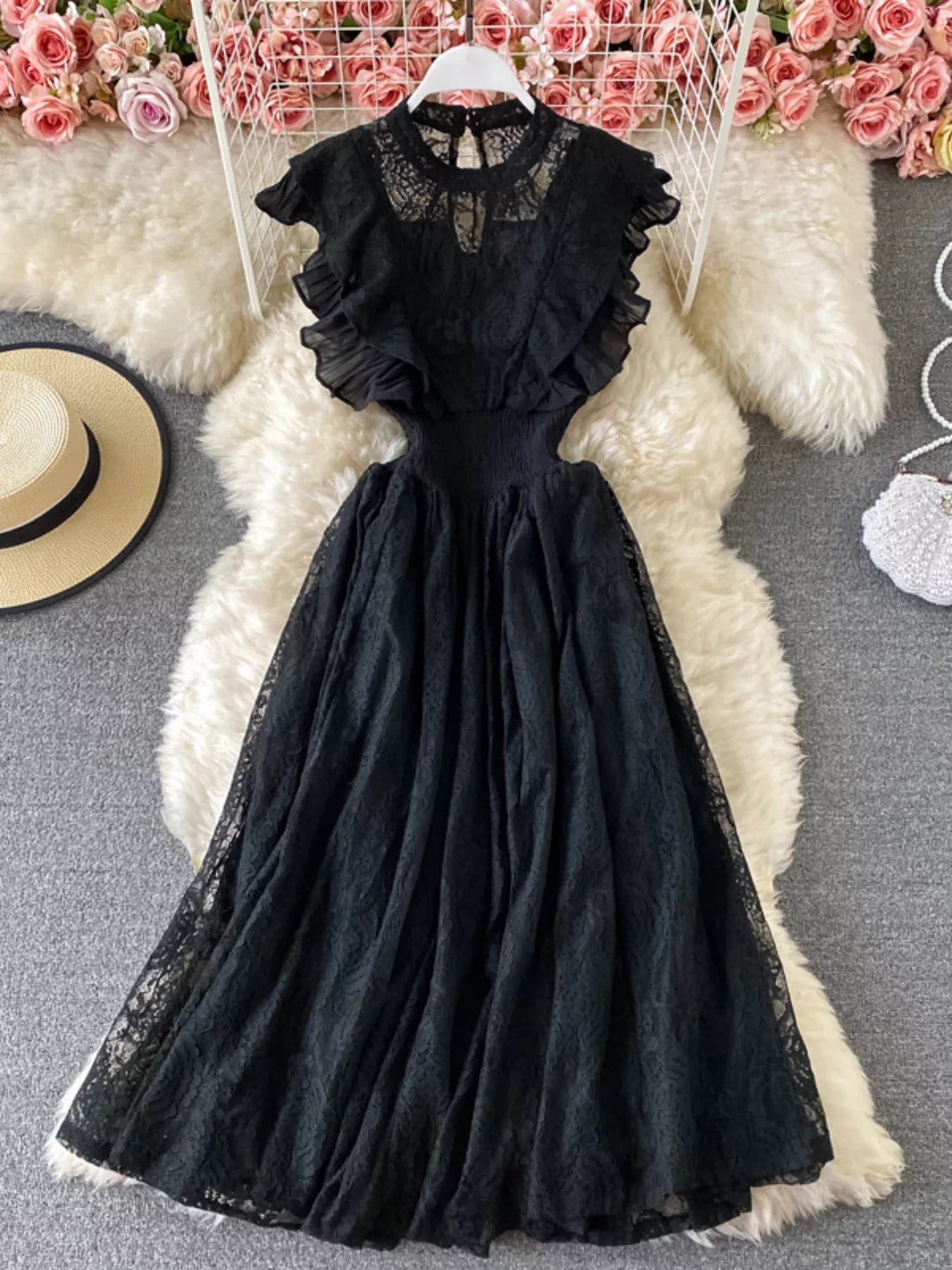 Ruffled Mock Neck Lace Maxi Dress - Flip Flop Dynasty