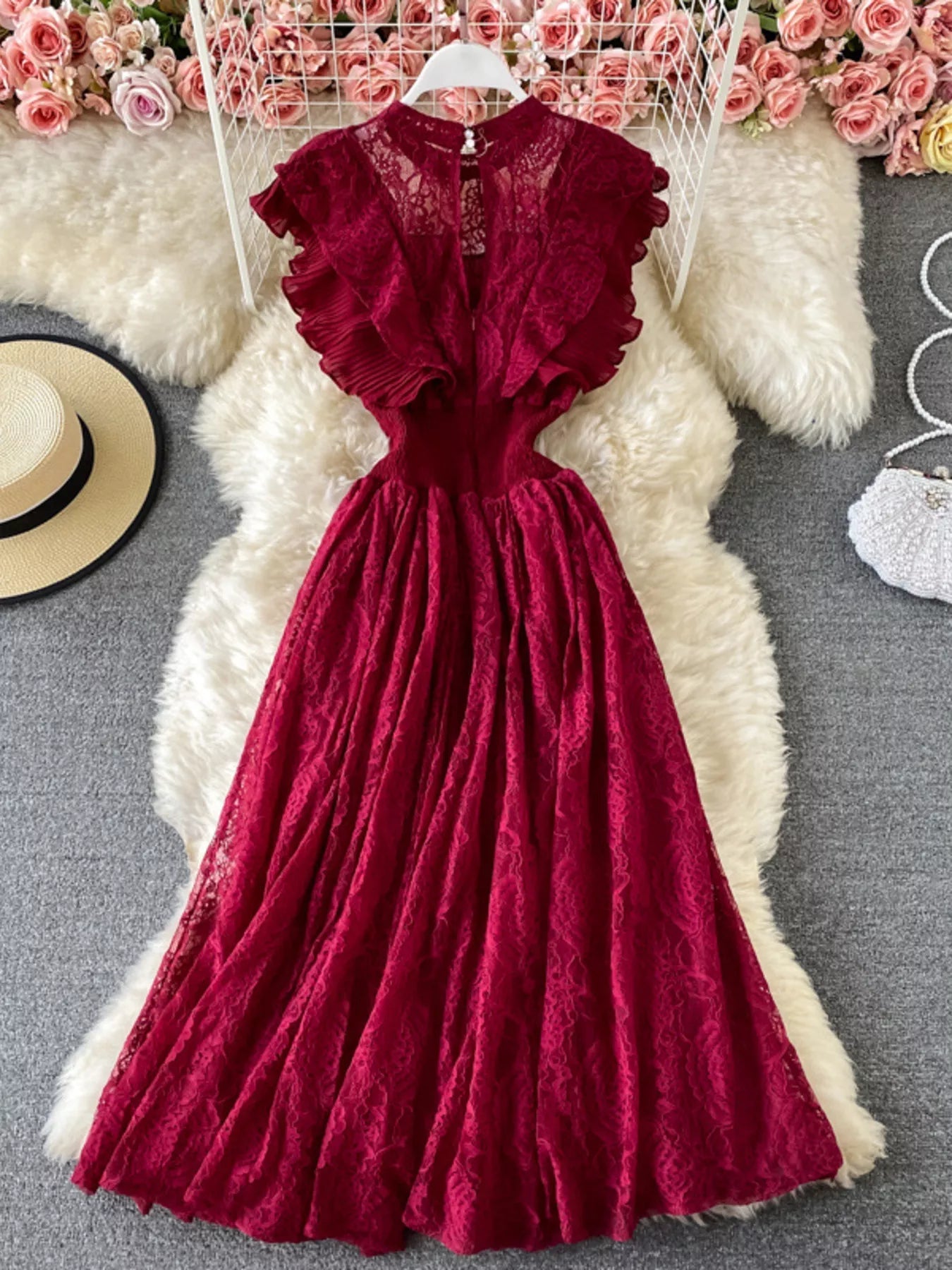 Ruffled Mock Neck Lace Maxi Dress - Flip Flop Dynasty