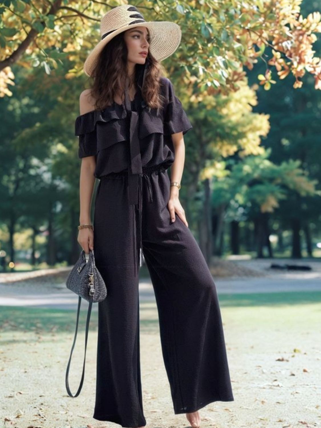 Ruffled Off Shoulder Wide Leg Jumpsuit - Flip Flop Dynasty