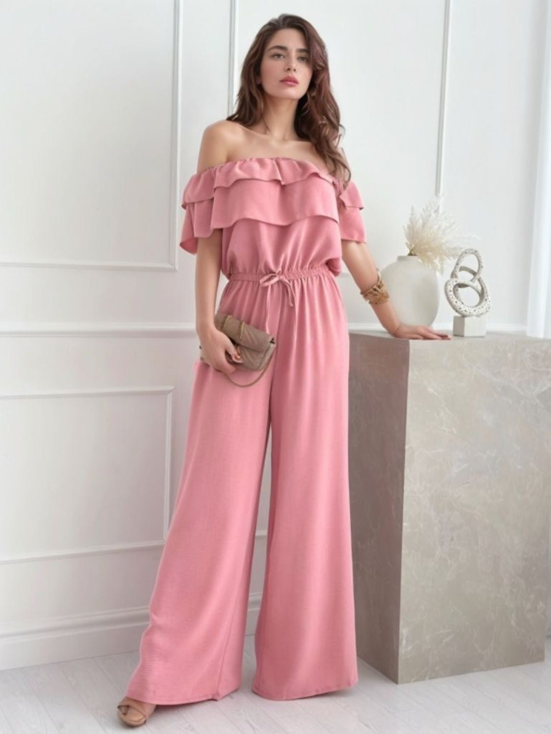 Ruffled Off Shoulder Wide Leg Jumpsuit - Flip Flop Dynasty