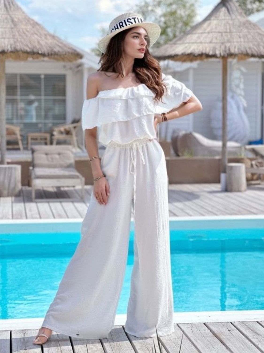 Ruffled Off Shoulder Wide Leg Jumpsuit - Flip Flop Dynasty