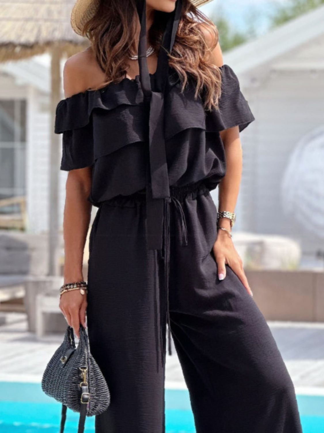 Ruffled Off Shoulder Wide Leg Jumpsuit - Flip Flop Dynasty