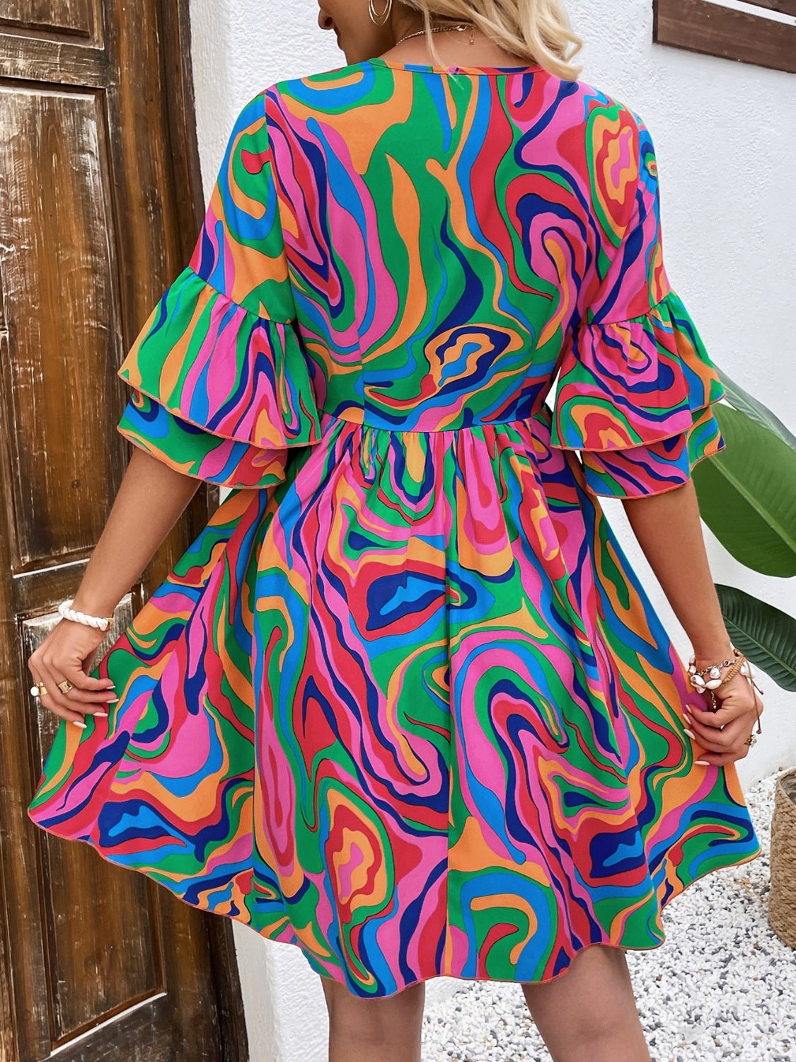 Ruffled Printed V - Neck Half Sleeve Mini Dress - Flip Flop Dynasty
