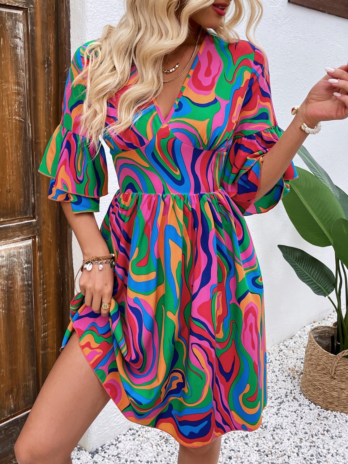 Ruffled Printed V - Neck Half Sleeve Mini Dress - Flip Flop Dynasty
