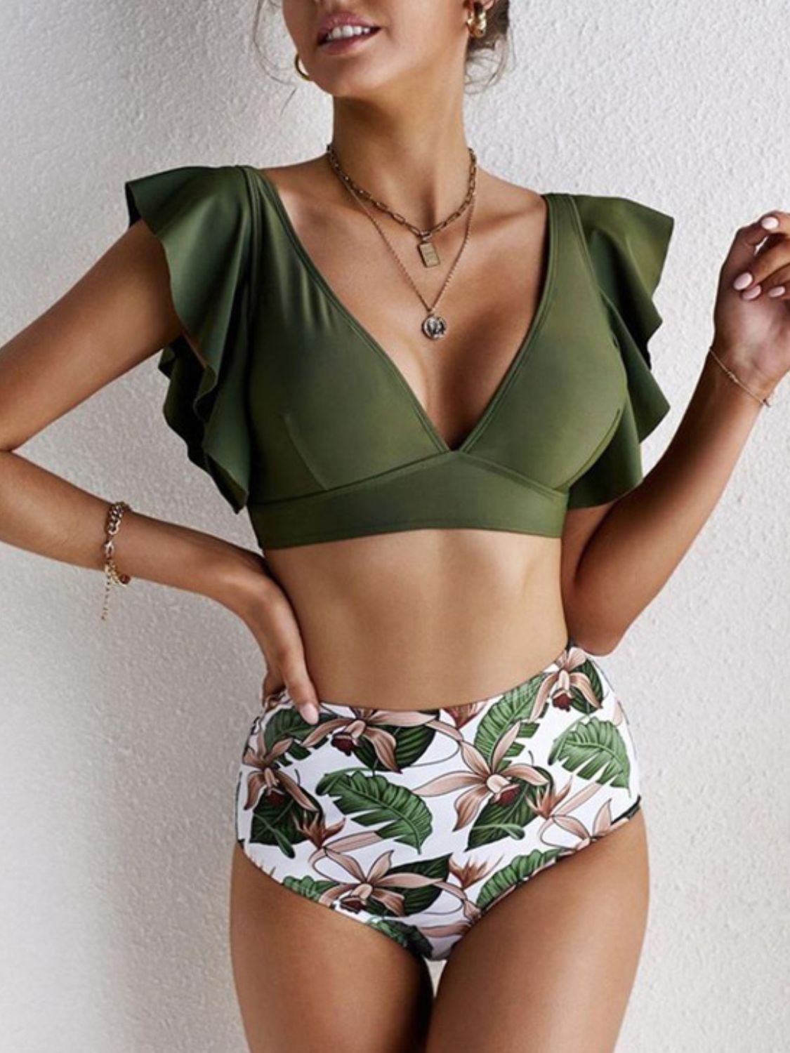 Ruffled Printed V - Neck Two - Piece Swim Set - Flip Flop Dynasty