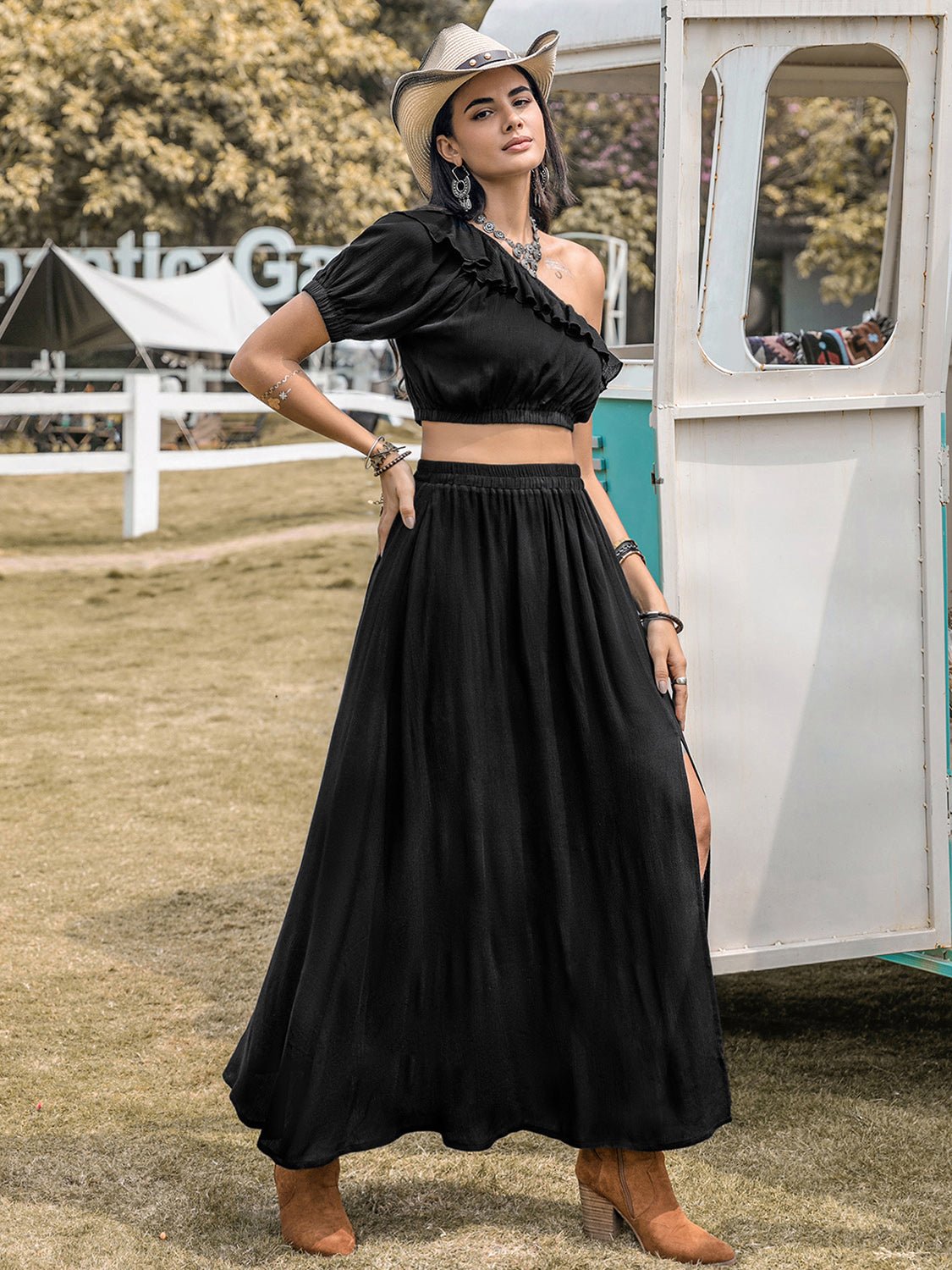 Ruffled Single Shoulder Top and Slit Skirt Set - Flip Flop Dynasty
