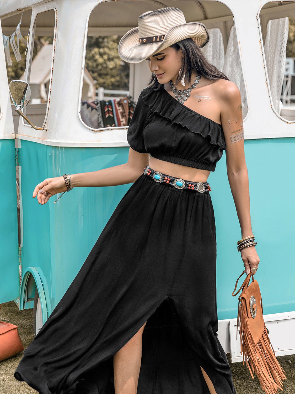 Ruffled Single Shoulder Top and Slit Skirt Set - Flip Flop Dynasty