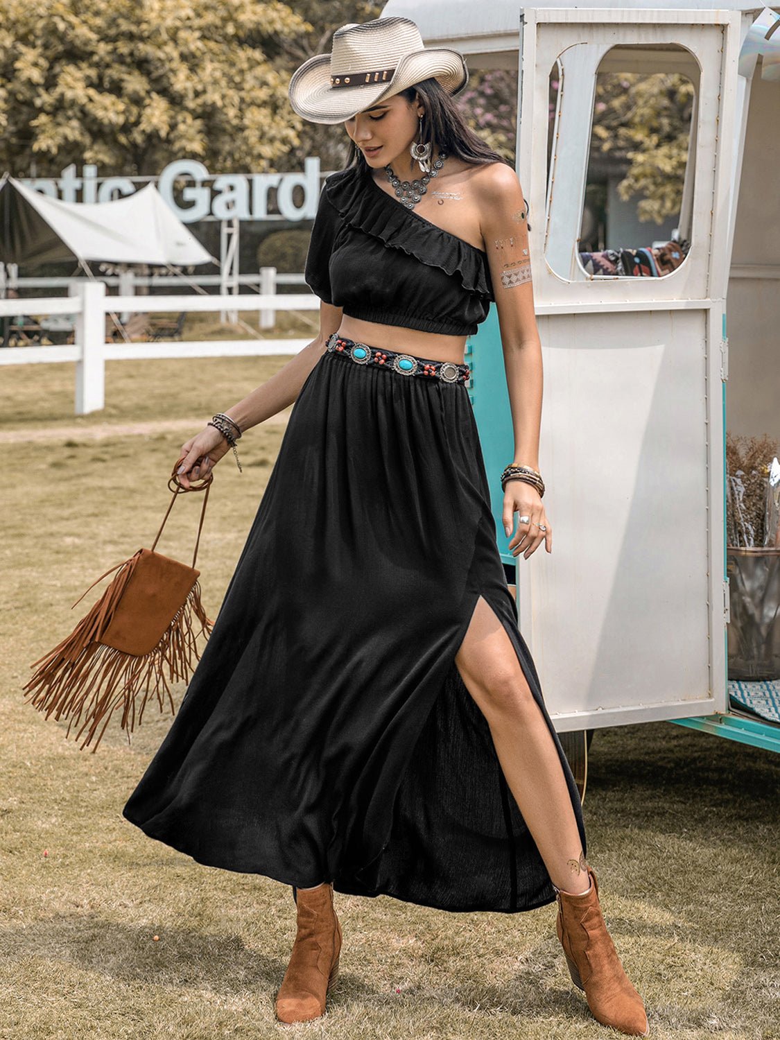 Ruffled Single Shoulder Top and Slit Skirt Set - Flip Flop Dynasty