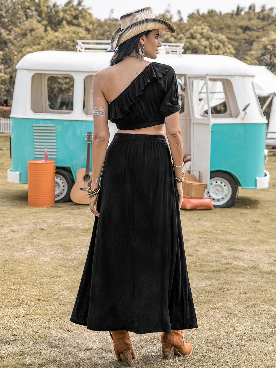 Ruffled Single Shoulder Top and Slit Skirt Set - Flip Flop Dynasty