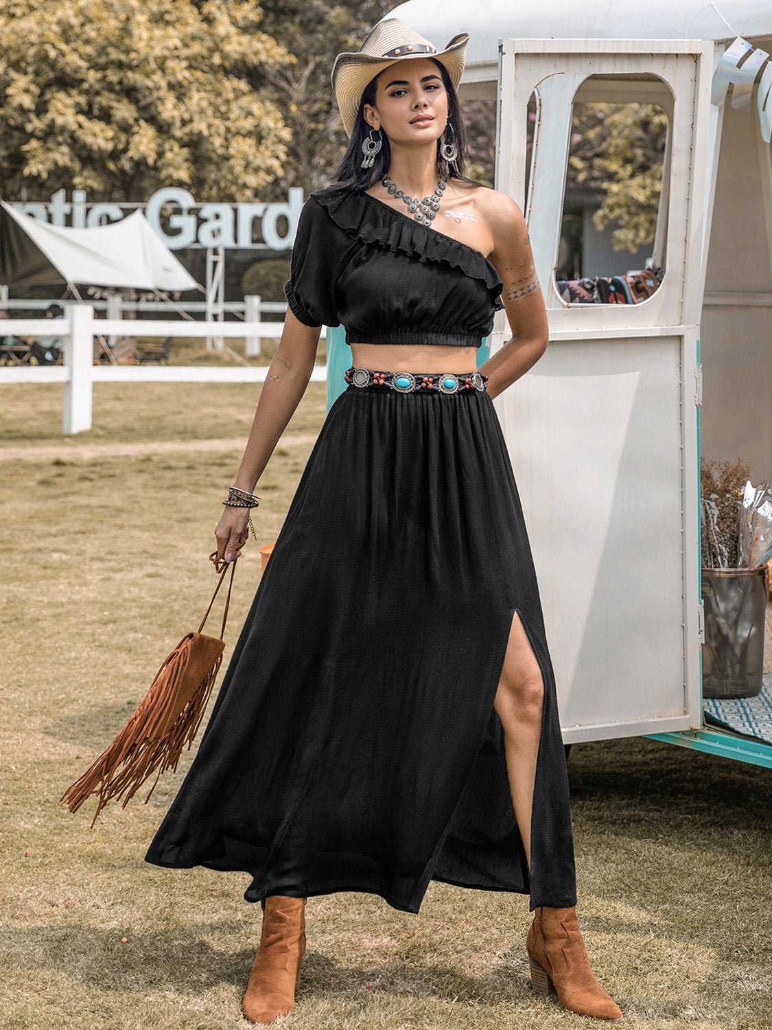 Ruffled Single Shoulder Top and Slit Skirt Set - Flip Flop Dynasty
