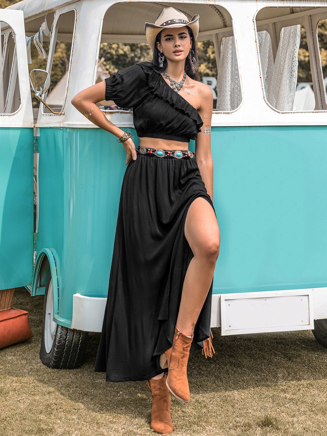 Ruffled Single Shoulder Top and Slit Skirt Set - Flip Flop Dynasty