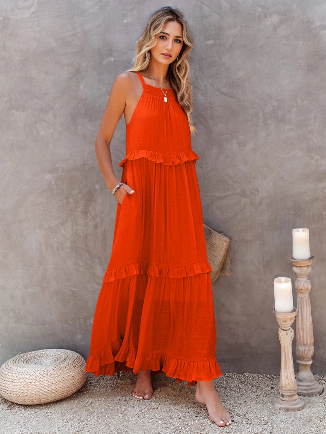 Ruffled Sleeveless Tiered Maxi Dress with Pockets - Flip Flop Dynasty