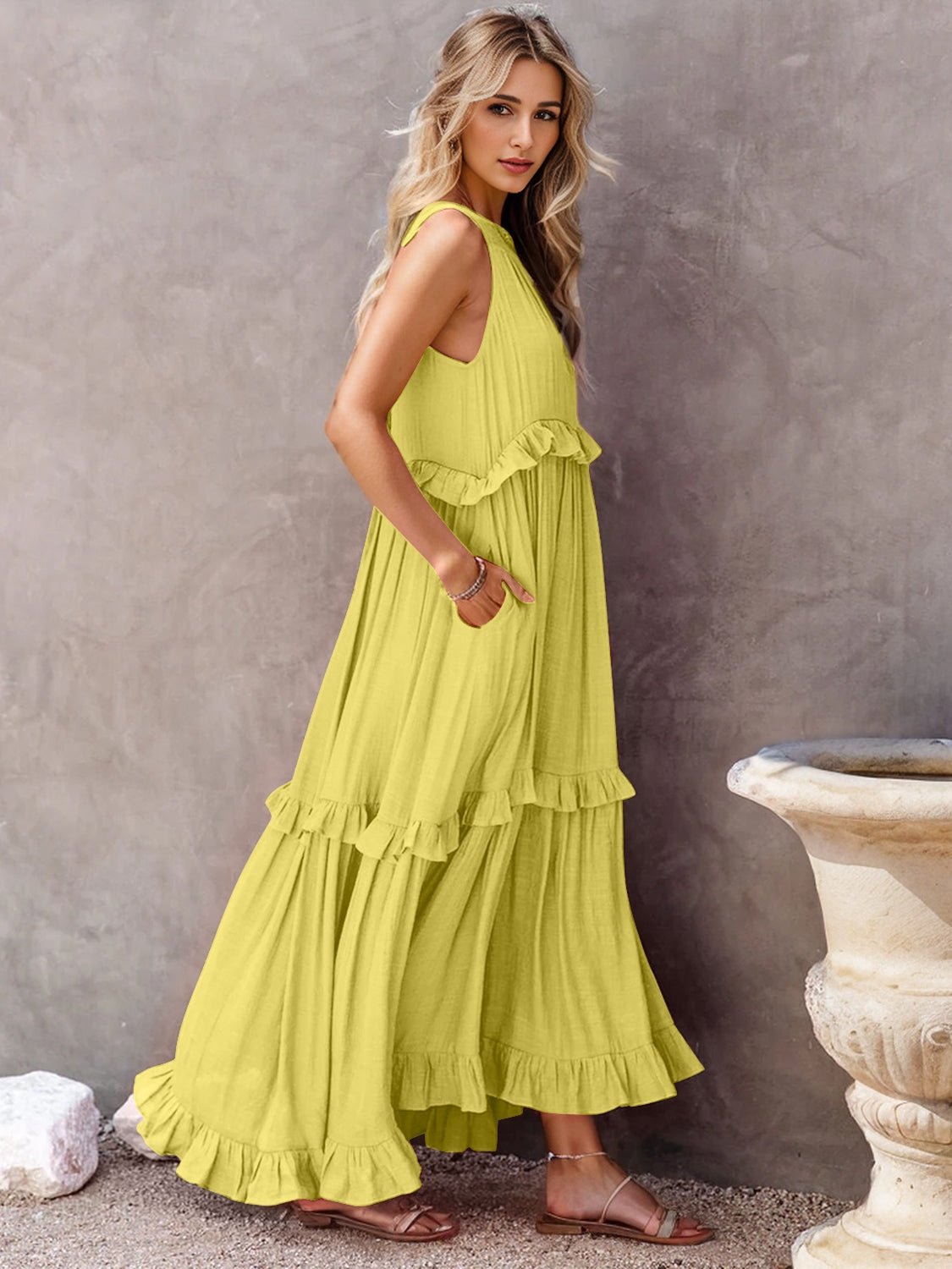 Ruffled Sleeveless Tiered Maxi Dress with Pockets - Flip Flop Dynasty
