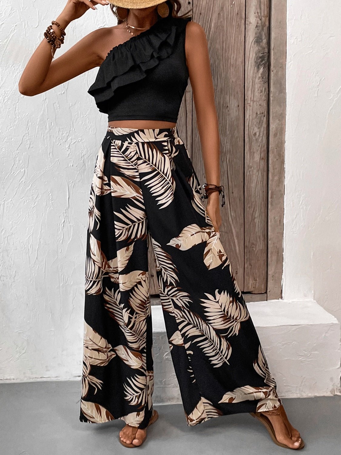 Ruffled Sleeveless Top and Printed Pants Set - Flip Flop Dynasty