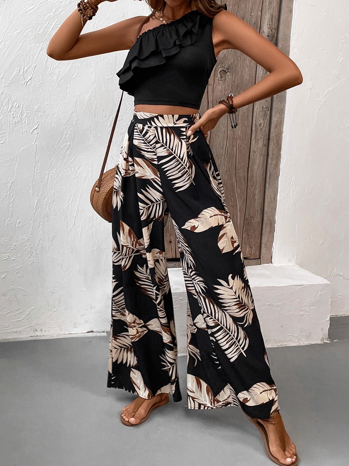 Ruffled Sleeveless Top and Printed Pants Set - Flip Flop Dynasty