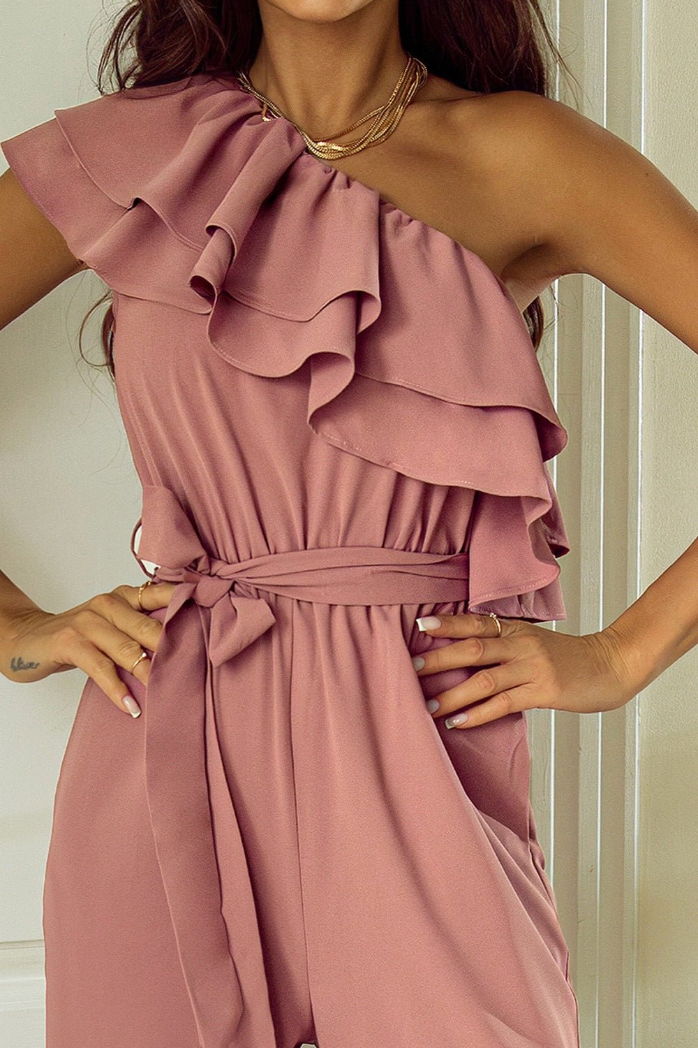 Ruffled Tied One - Shoulder Jumpsuit - Flip Flop Dynasty