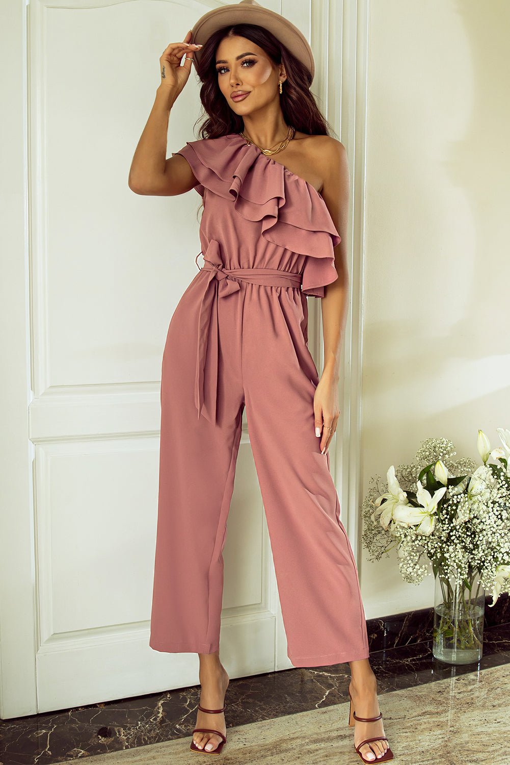 Ruffled Tied One - Shoulder Jumpsuit - Flip Flop Dynasty
