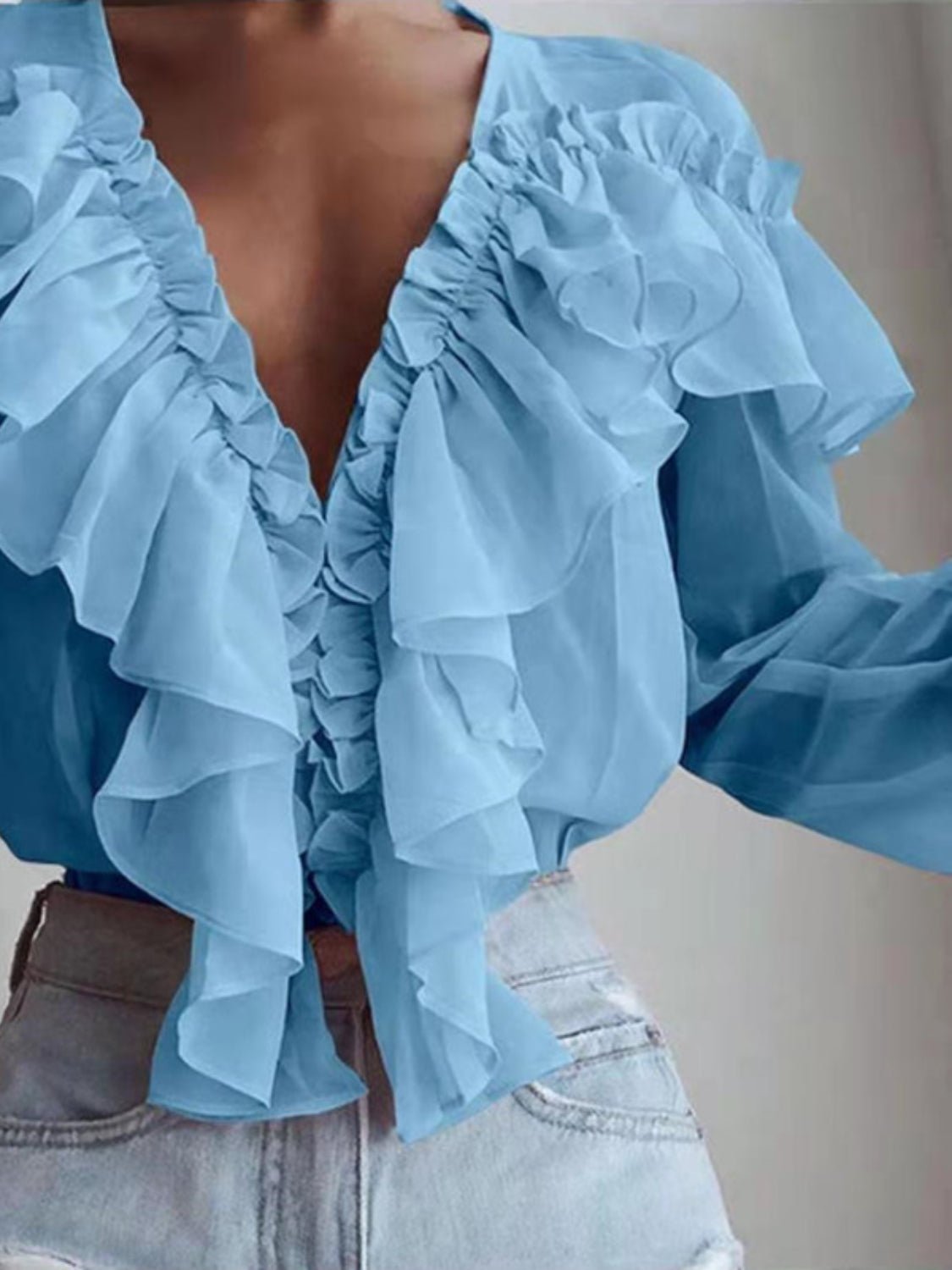 Ruffled V - Neck Long Sleeve Blouse - Flip Flop Dynasty