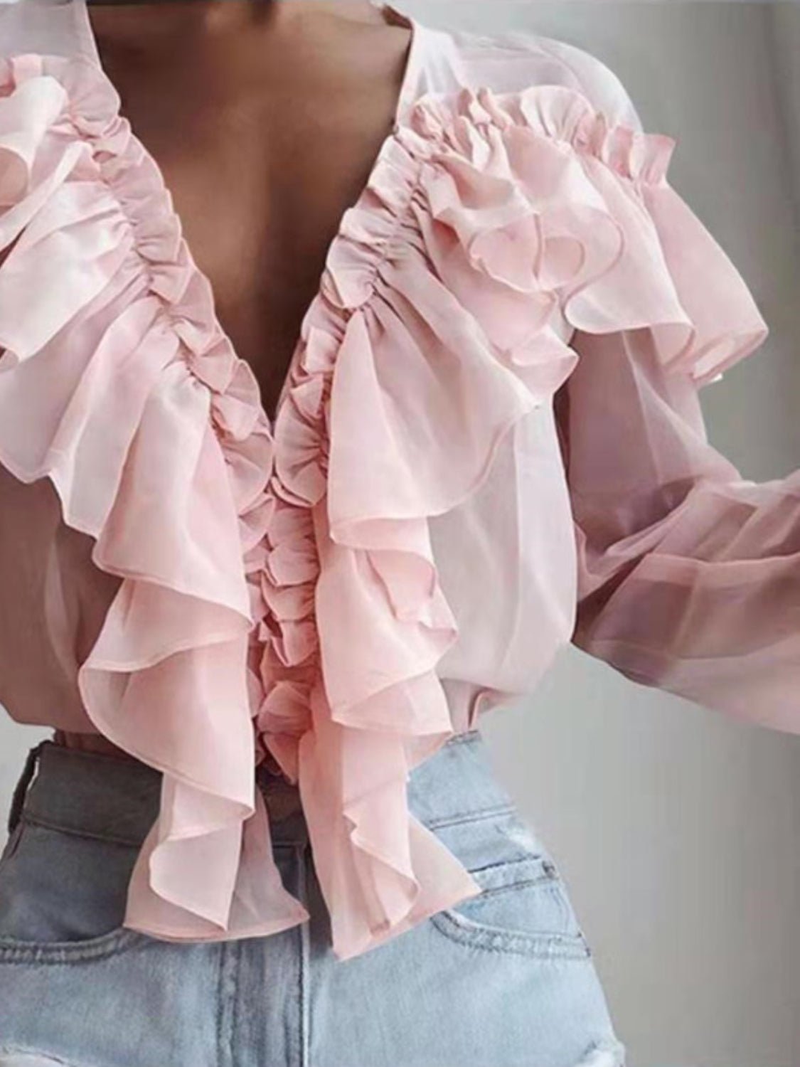 Ruffled V - Neck Long Sleeve Blouse - Flip Flop Dynasty