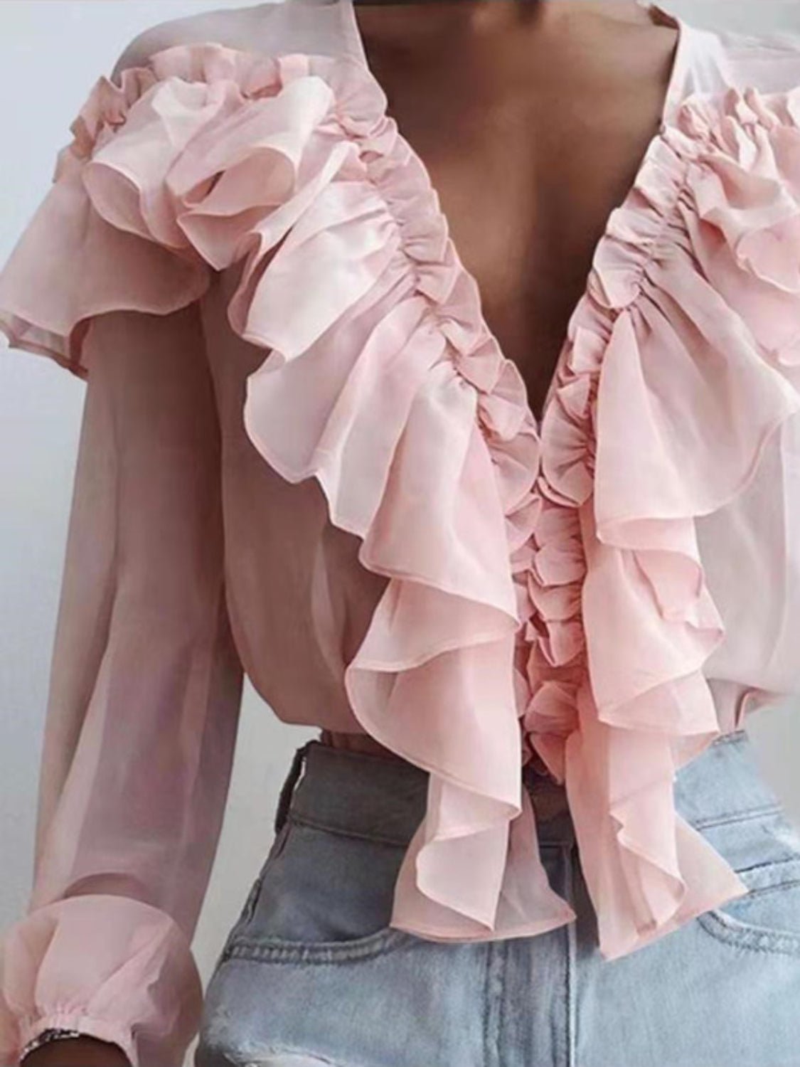 Ruffled V - Neck Long Sleeve Blouse - Flip Flop Dynasty