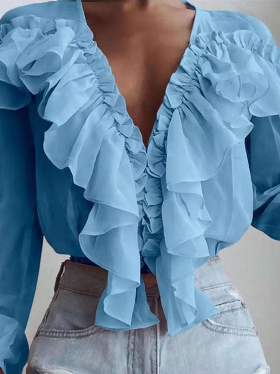 Ruffled V - Neck Long Sleeve Blouse - Flip Flop Dynasty