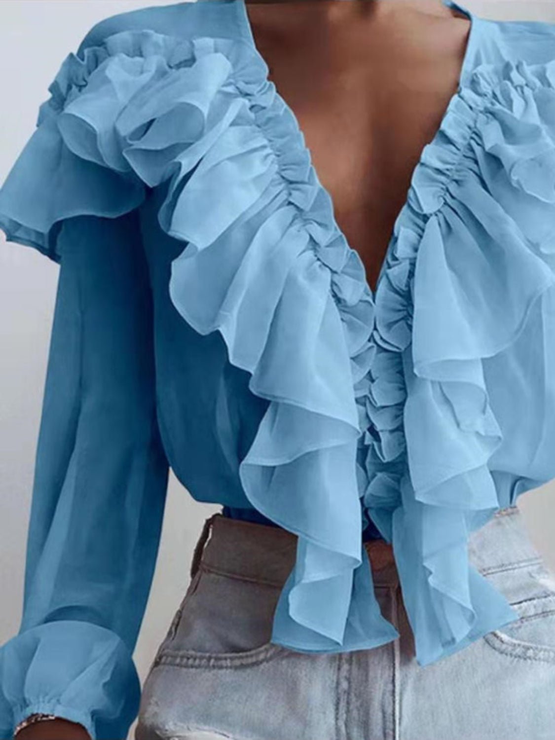 Ruffled V - Neck Long Sleeve Blouse - Flip Flop Dynasty