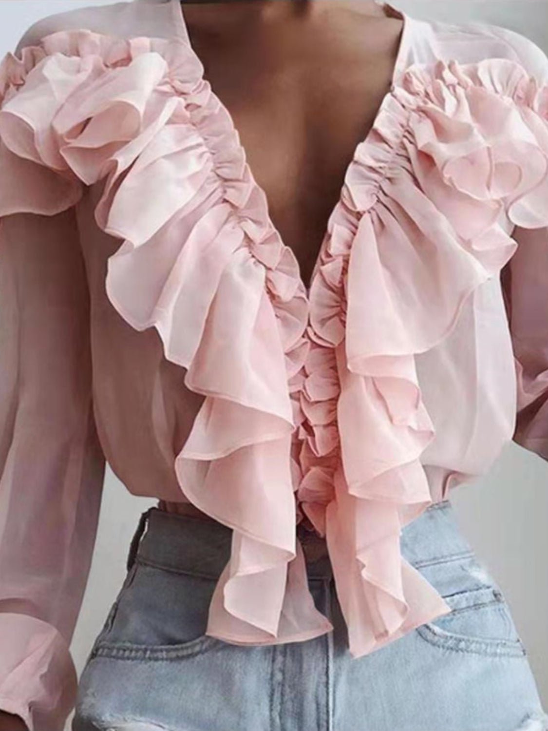 Ruffled V - Neck Long Sleeve Blouse - Flip Flop Dynasty