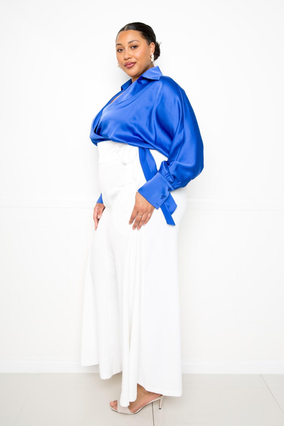 Satin Long Sleeve Tie Waist Wrap Top - Flip Flop Dynasty