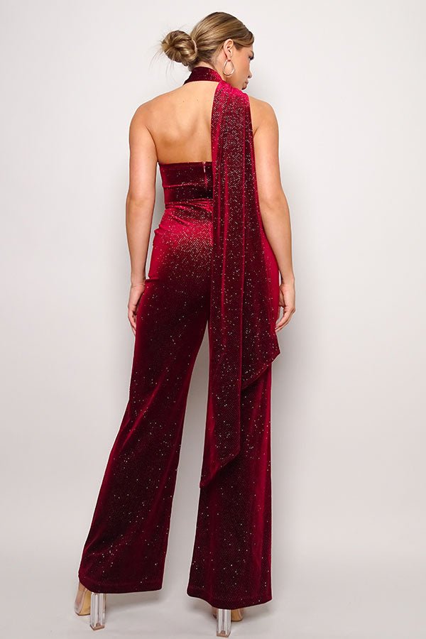 Scarf Top Glitter Velvet Jumpsuit - Flip Flop Dynasty