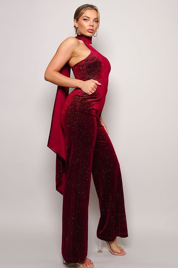 Scarf Top Glitter Velvet Jumpsuit - Flip Flop Dynasty