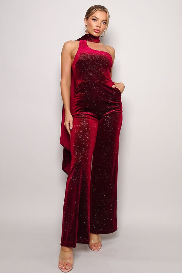 Scarf Top Glitter Velvet Jumpsuit - Flip Flop Dynasty