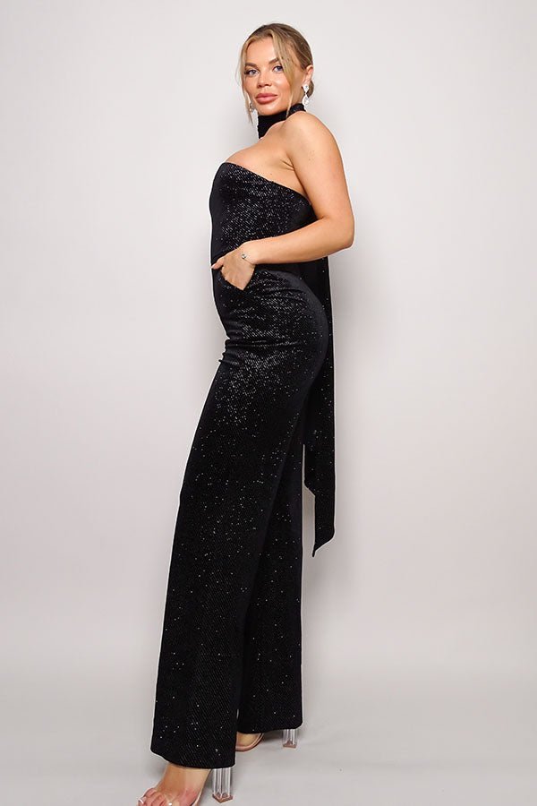 Scarf Top Glitter Velvet Jumpsuit - Flip Flop Dynasty
